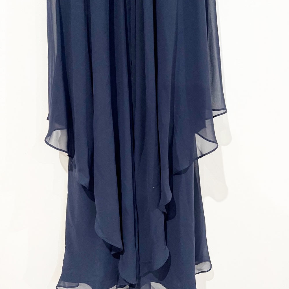 Eliza J Chiffon Layered Gold Chain High Neck Navy Maxi Gown Size 10 - Picture 6 of 9